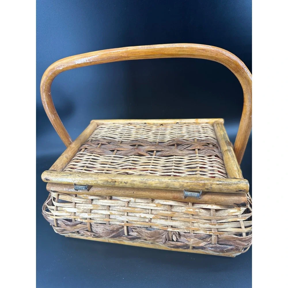 Vintage Wicker Sewing Basket Wood Handle Floral Lined Storage Box‎ Rustic Boho
